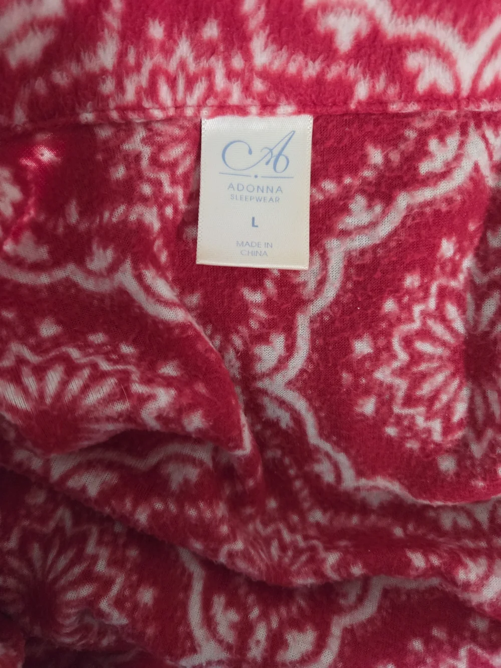 Adonna Womens Red and White Printed Pajama Set Size Large